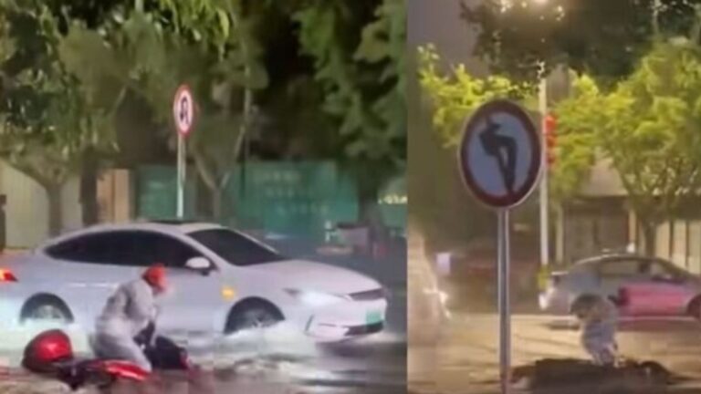 ‘Till now humanity exists’: Motorcyclist struggles in raging waters, rescued by heroic car drivers