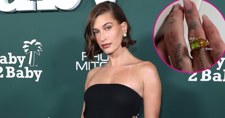 Hailey Bieber shows off a rock ring for “Jack” and “Mom.”