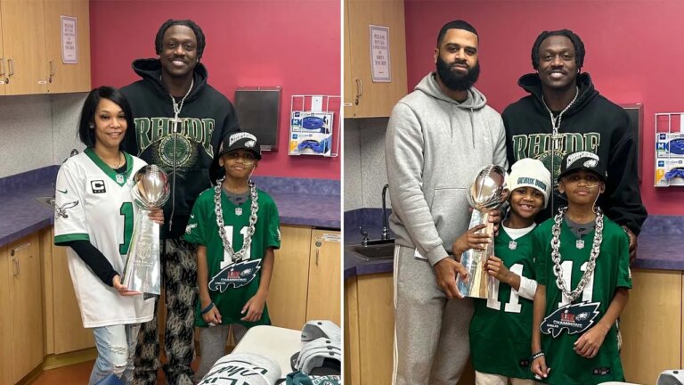 AJ Brown brings the pawnshop trophy to the fan of young eagles in the hospital after the philadelphia plane crash