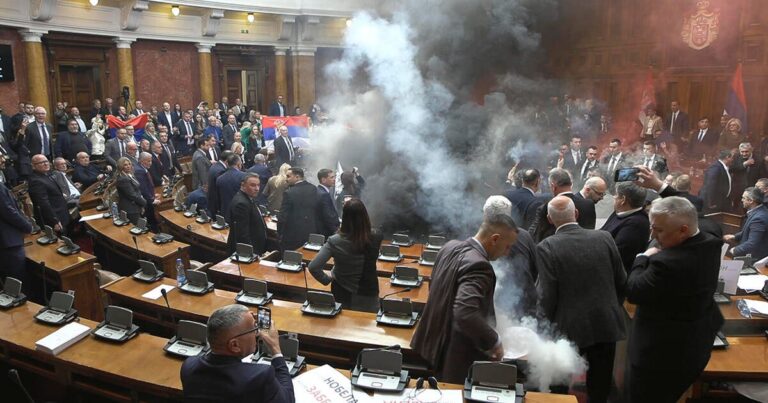 At least 3 deputies were injured in the Serbian parliament as smoke bombs and flames