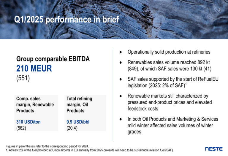 Neste Q1 2025 slides: Renewable margins under pressure as SAF sales triple